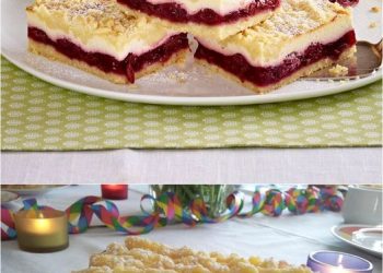 Käse-Streuselkuchen vom Blech mit Kirschkompott