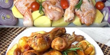 Gebackenes Huhn und Kartoffeln: das Rezept für die Zubereitung einer schmackhaften und vollständigen Mahlzeit