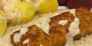 Backfisch in Senfsauce | Salzkartoffeln | rote Beete