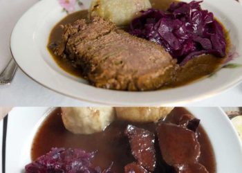 Sauerbraten vom Pferd, Kloß und Rotkohl