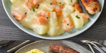 Kohlrabi-Möhren Gemüse mit Kartoffelpüree und Bratwurst
