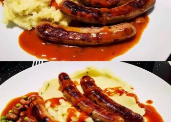 Bratwurst mit Kartoffelpüree und Gemüse