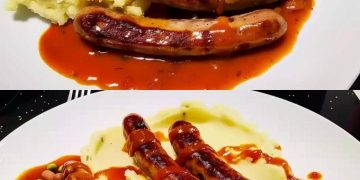 Bratwurst mit Kartoffelpüree und Gemüse
