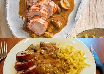 Speckmantel mit Champignons und Spätzle , wie ich die liebe