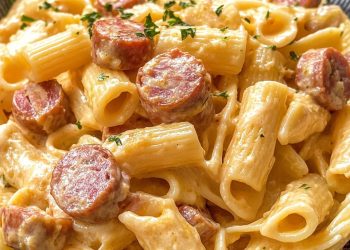 Wurst-Nudel-Pfanne mit Käse