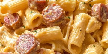 Wurst-Nudel-Pfanne mit Käse