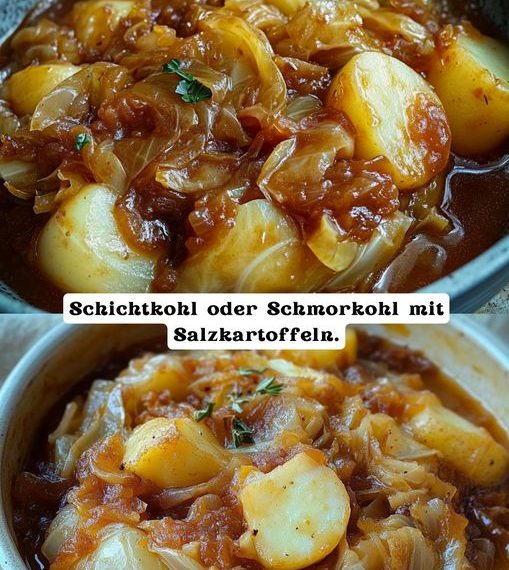 Schichtkohl oder Schmorkohl mit Salzkartoffeln.