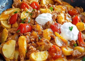 Kartoffel-Paprika-Pfanne mit Hackfleisch und Crème fraîche