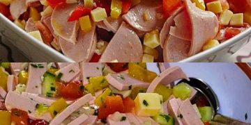 Leichter Salat – perfekt als Beilage zum Grillen: Pikanter Paprika Käse Wurst Salat 