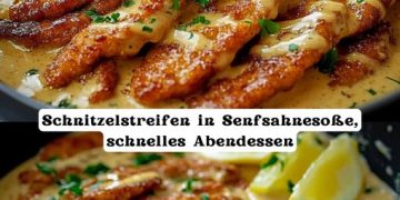 Schnitzelstreifen in Senfsahnesoße, schnelles Abendessen