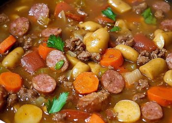 Herzhafter Linseneintopf mit Gemüse und Würstchen