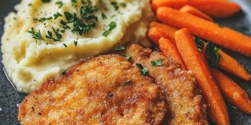 Wiener Schnitzel mit Sahnemöhren und Kartoffelpüree 