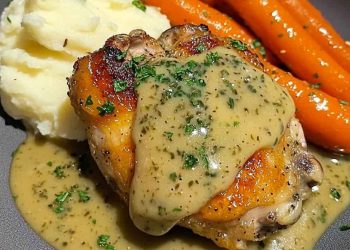 Hähnchen mit Kräuterrahm, Kartoffelpüree & glasierten Karotten