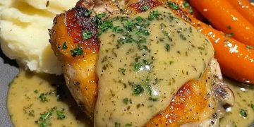 Hähnchen mit Kräuterrahm, Kartoffelpüree & glasierten Karotten