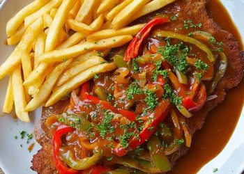 Schnitzel mit Paprikasoße und Pommes