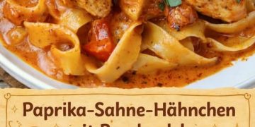 Paprika-Sahne-Hähnchen mit Bandnudeln ist cremiger Genuss pur, aromatisch und absolutes Familienlieblingsessen